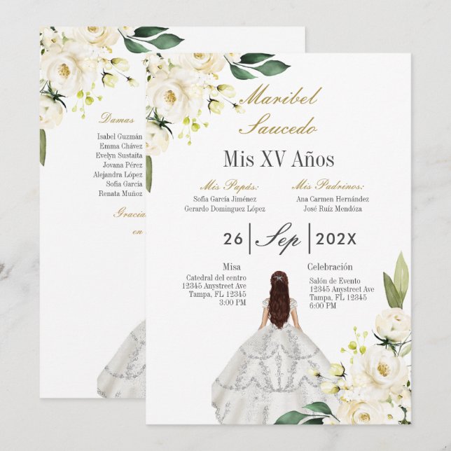 White dress quinceañera  invitation (Front/Back)