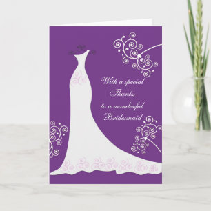 White dress, swirls on purple Wedding Thank You Card