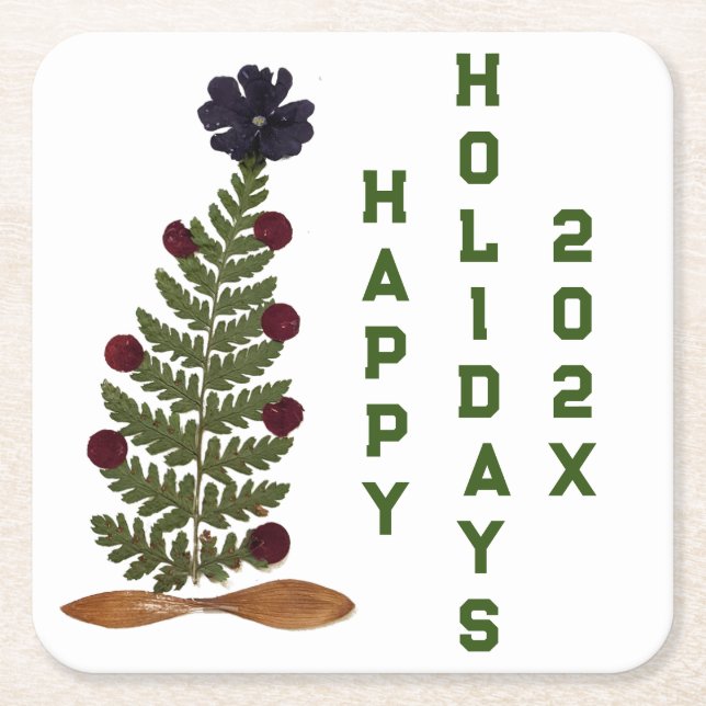 White Dried Press Flower Christmas Tree Square Paper Coaster (Front)