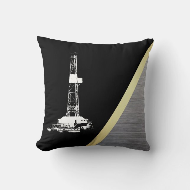White Drilling Rig Silhouette on Black and Metal Cushion (Front)