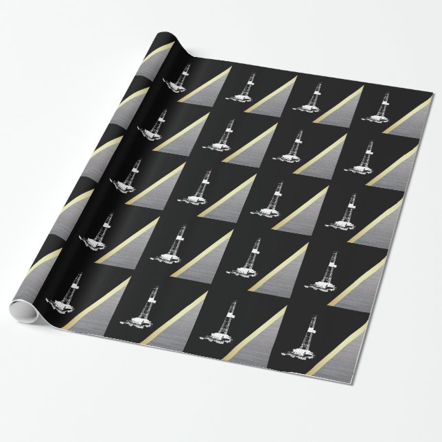 White Drilling Rig Silhouette on Black and Metal Wrapping Paper (Unrolled)