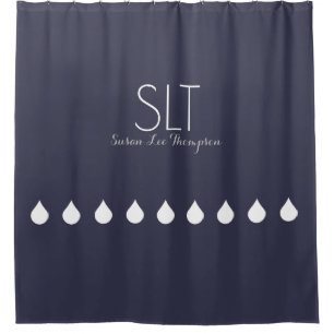 White Drops with Name & initial on Blue (custom) Shower Curtain