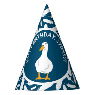 White Duck and Feathers Navy Blue Birthday Party Hat