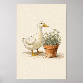 White Duck and Potted Daisies - Farmhouse Wall Art