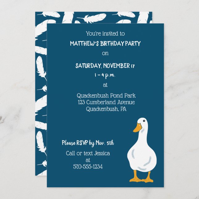 White Duck Navy Blue Birthday Party Invitation (Front/Back)
