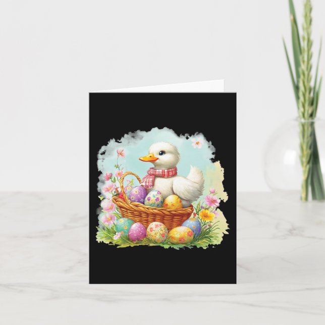 White Duck On A Bysket Full Of Easter Eggs; Easter Card (Front)