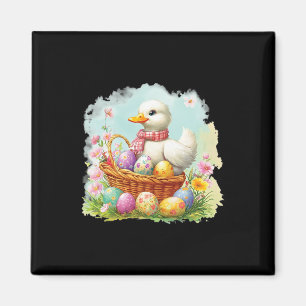 White Duck On A Bysket Full Of Easter Eggs; Easter Magnet