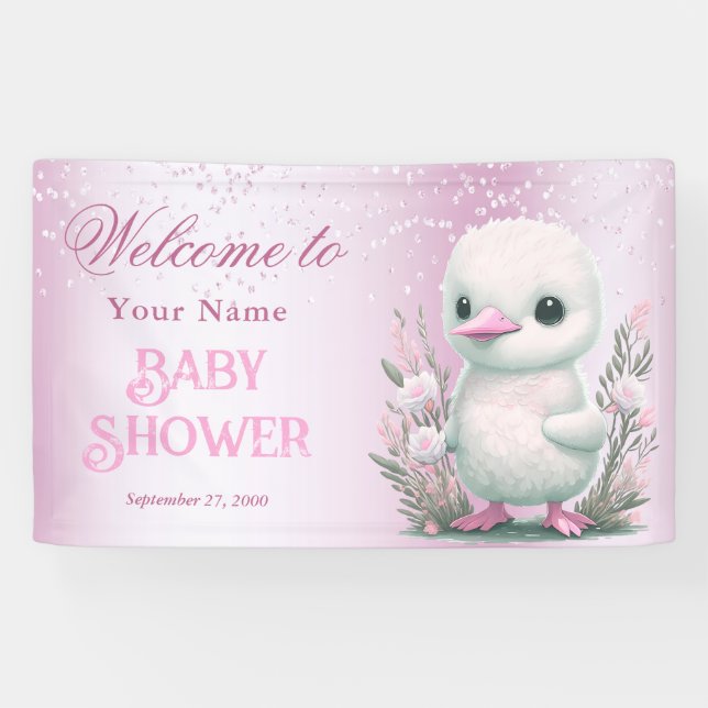 White Duck Pink Floral Baby Shower Welcome Banner (Horizontal)