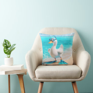 White Duck With Diving Gear On Beach Cushion