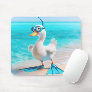 White Duck With Flippers On Beach Mouse Pad