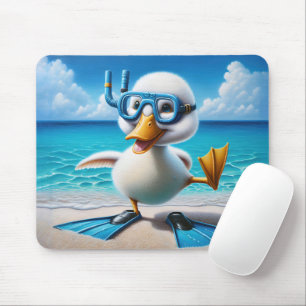 White Duck With Snorkel On Beach Mouse Pad