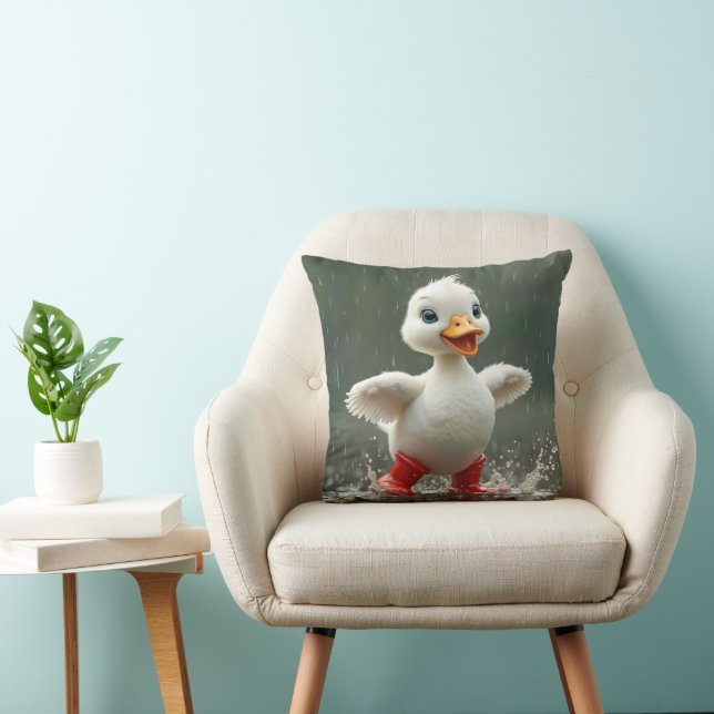White Duckling Splashing In a Rain Puddle Cushion (Chair)