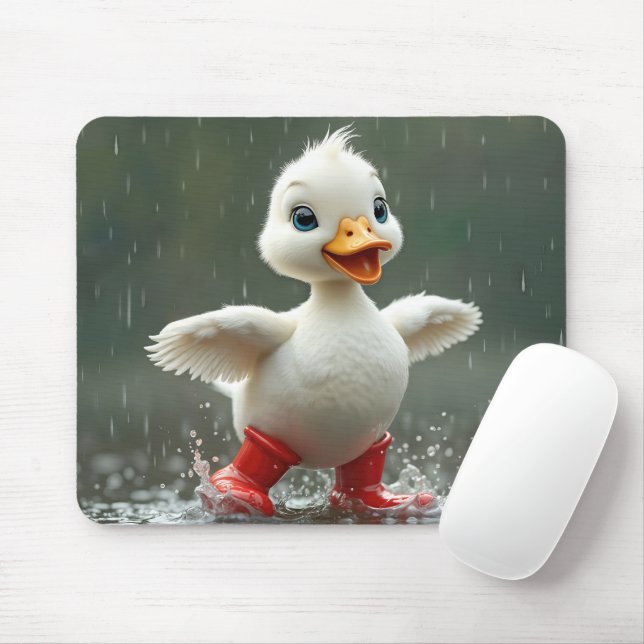 White Duckling Splashing In a Rain Puddle Mouse Pad (With Mouse)