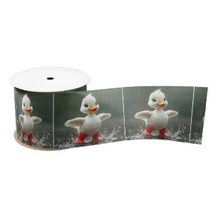 White Duckling Splashing In a Rain Puddle Satin Ribbon