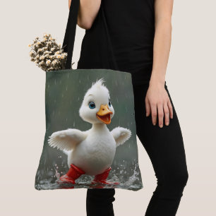 White Duckling Splashing In a Rain Puddle Tote Bag