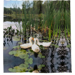 White ducks, lily pads, cattails, lake shore shower curtain