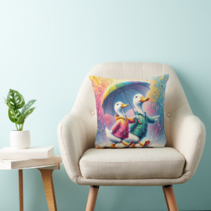 White Ducks Walking In The Rain Cushion