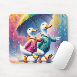 White Ducks Walking In The Rain Mouse Pad