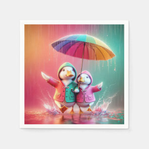White Ducks Walking In The Rain Napkin