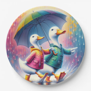 White Ducks Walking In The Rain Paper Plate