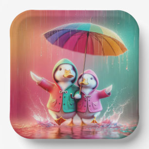 White Ducks Walking In The Rain Paper Plate