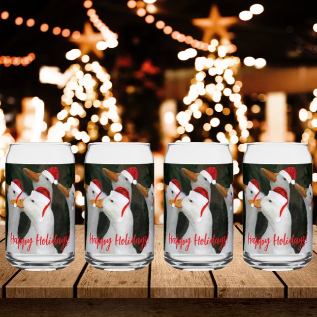 White Ducks Wearing Red Santa Hats Holiday Can Glass (In Situ Holidays)