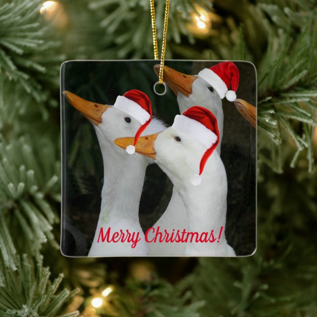 White Ducks Wearing Red Santa Hats Holiday Ceramic Ornament (Tree)