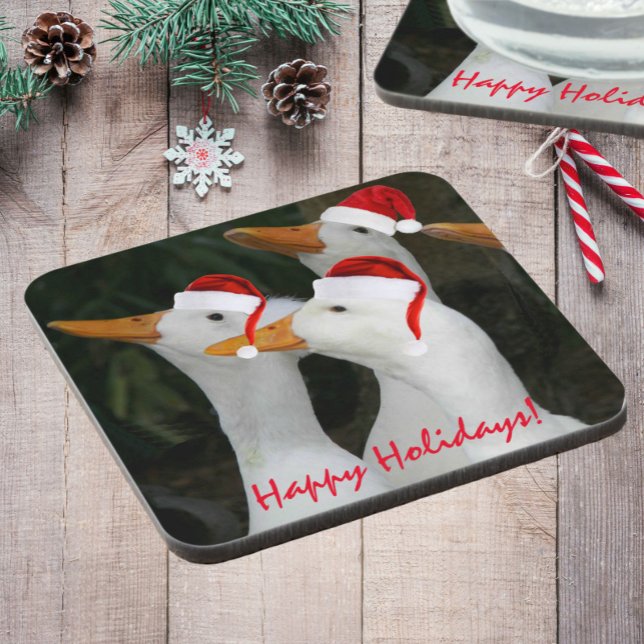 White Ducks Wearing Red Santa Hats Holiday Coaster (In Situ Holiday)