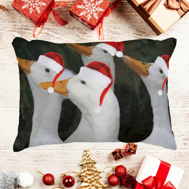 White Ducks Wearing Red Santa Hats Holiday Decorative Cushion (In Situ Holiday)
