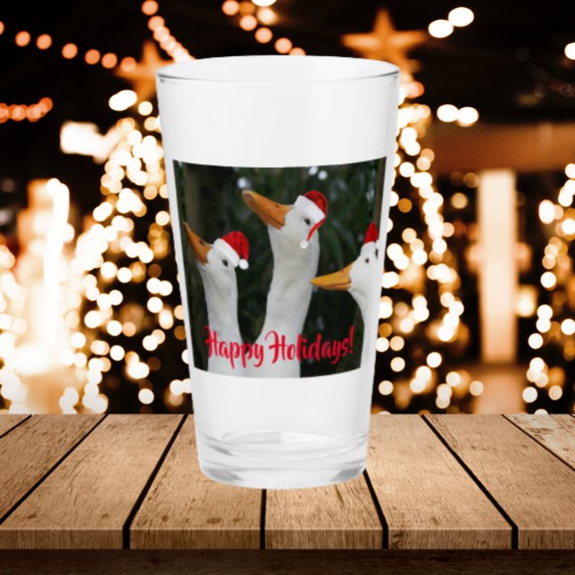 White Ducks Wearing Red Santa Hats Holiday Glass (In Situ Holidays)