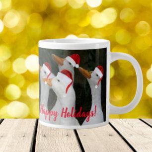 White Ducks Wearing Red Santa Hats Holiday Large Coffee Mug