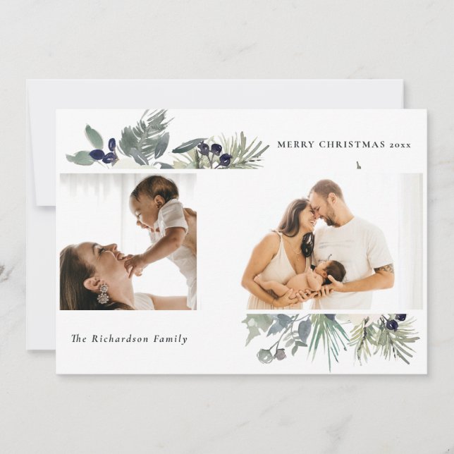 White Dusky Green Merry Christmas Foliage 2 Photo Holiday Card (Front)