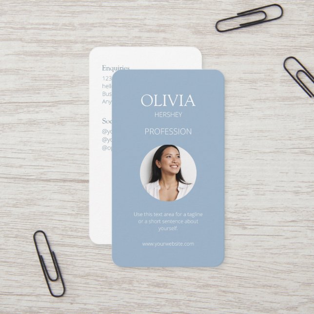 White / Dusty Blue and White Photo Social QR Code  Business Card (Front/Back In Situ)