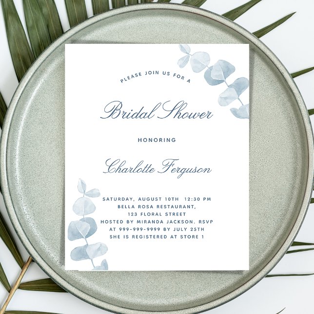White dusty blue bridal shower budget invitation flyer (Creator Uploaded)