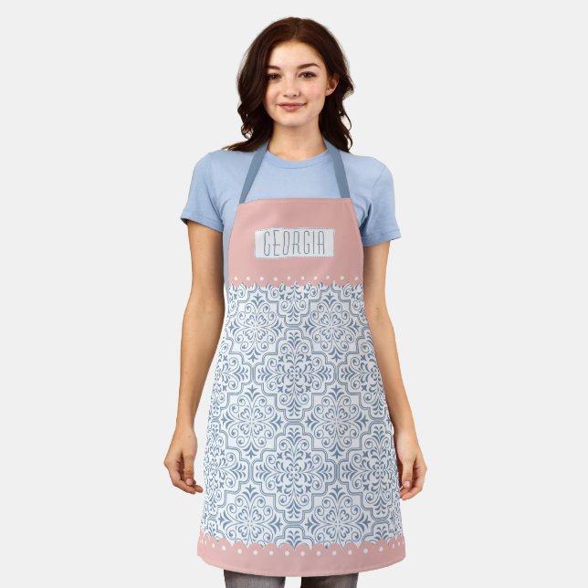 White dusty blue damask, blush scalloped borders apron (Worn)