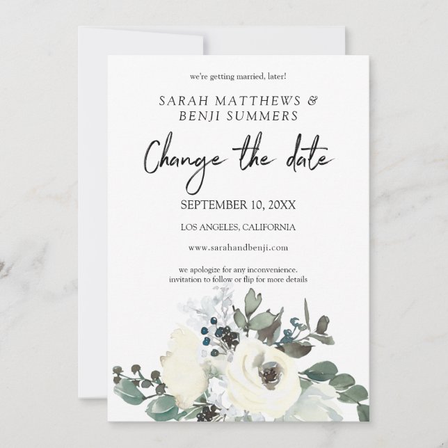 White & Dusty Blue Floral Change the Date Details Invitation (Front)