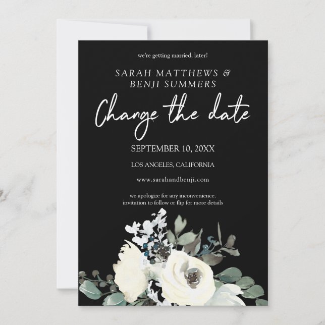 White & Dusty Blue Floral on Black Change the Date Invitation (Front)