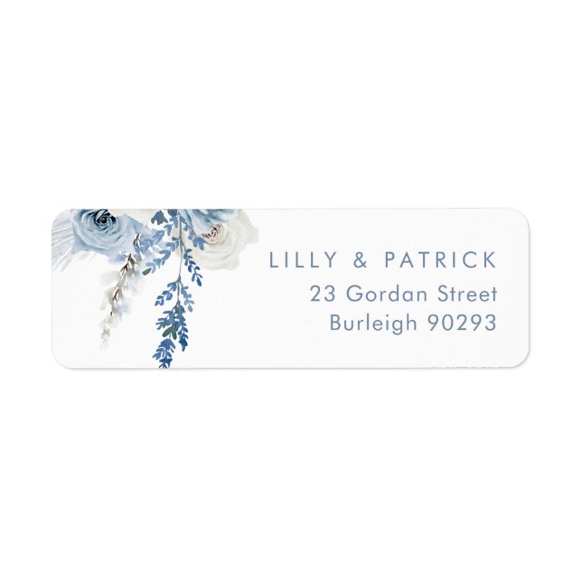 White & Dusty Blue Floral Return Address Wedding Label (Front)