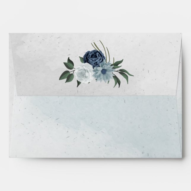 white dusty blue & navy flowers greenery envelope (Back (Top Flap))