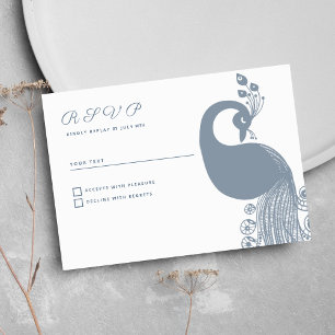 White dusty blue royal peacock elegant RSVP Invitation