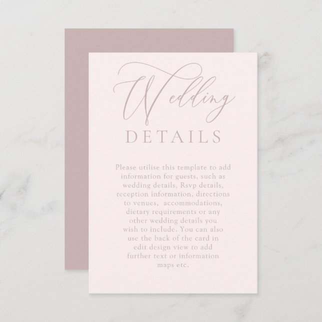 White & Dusty Pink Modern Wedding Details Enclosure Card (Front/Back)
