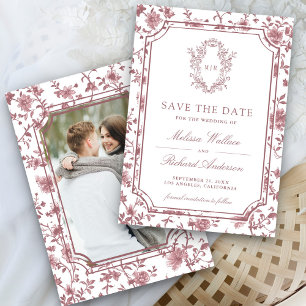 White Dusty Rose Chinoiserie Crest Photo Wedding Save The Date
