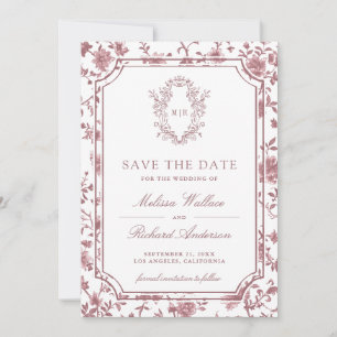 White Dusty Rose Chinoiserie Crest Photo Wedding Save The Date