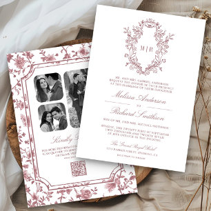 White Dusty Rose Chinoiserie Crest QR Code Wedding Invitation