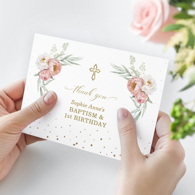 White Dusty Rose Floral 1st Birthday Baptism   Thank You Card (Creator Uploaded)
