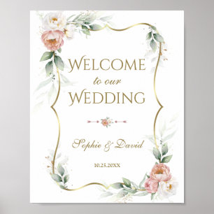White Dusty Rose Floral Gold Greenery Wedding Sign