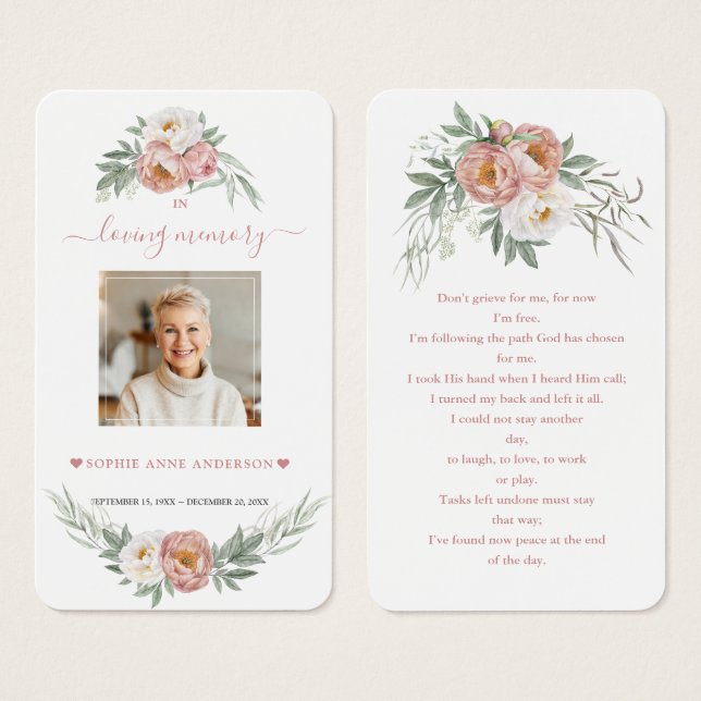 White Dusty Rose Floral Photo Funeral Prayer (Front & Back)