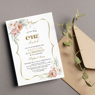 White Dusty Rose Flowers First Birthday & Baptism Invitation