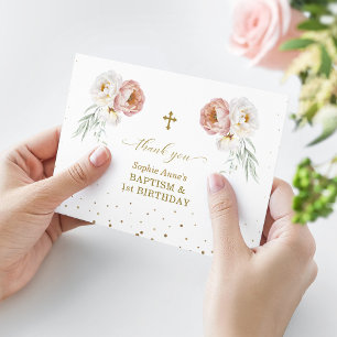 White Dusty Roses Floral 1st Birthday Baptism   Thank You Card