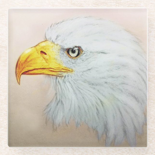 White Eagle Glass Coaster, Realistic Bird Sketch Coaster (Front)